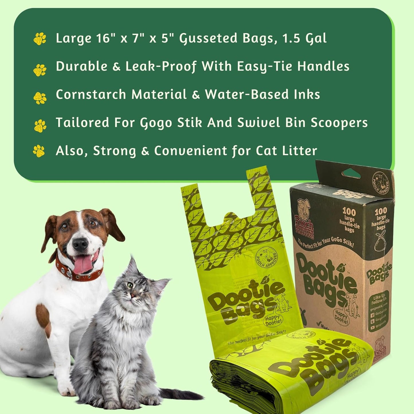 Pooch Approved Dootie Bags - Dog Poop Bags - Tie-Handles - 100 Count Dootie Strong Leakproof Bags - Perfect for Dogs & Cats - Litter - Pet Waste Cleanup - Swivel Bin &  Scoopers