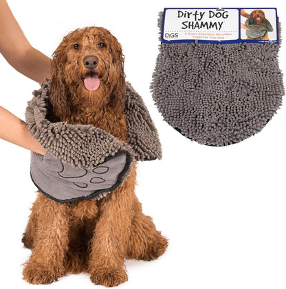 the Dirty Dog Shammy - Fast Drying Plush Shammy Towel with Dual Hand Pockets and Elastic - Super Absorbent Microfiber and Machine Washable - Grey