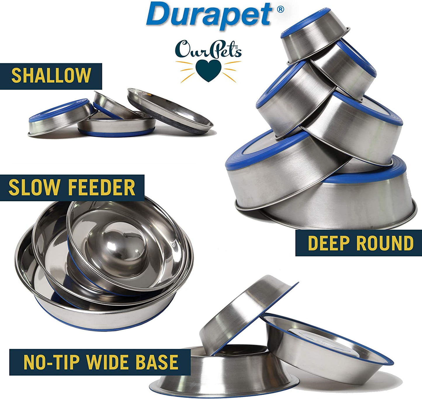 Ourpet'S Durapet Premium Dishwasher Safe Stainless Steel Dog Bowl for Food or Water [Multiple Sizes for Small to Large Dogs] in Traditional or Wide Base Design - 8 CUP