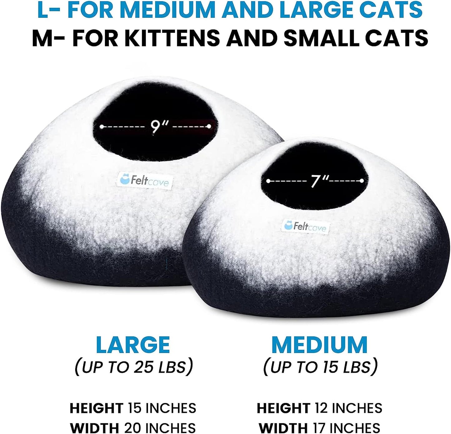 Medium Cat Cave Bed | Black & White | Cute and Cozy Cat Cave Handcrafted Merino Wool | Hideaway for Indoor Cats | Warming Nest for Kitty | Washable Wool Fabric - Gift for Pets