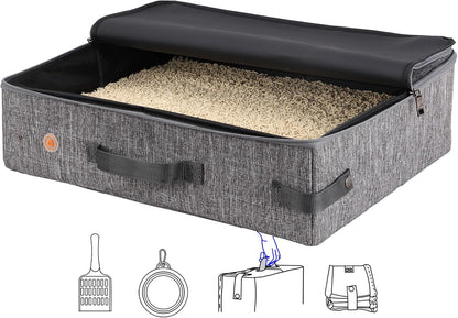 Portable Cat Travel Litter Box with Zipped Lid to Keep Everything Contained. No Odor, Leakage and Messes. Easy to Carry, Clean and Use in Car, Hotel, Aiarplane. (Large, Grey)