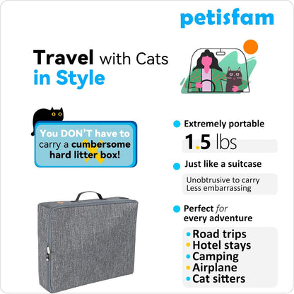 Portable Cat Travel Litter Box with Zipped Lid to Keep Everything Contained. No Odor, Leakage and Messes. Easy to Carry, Clean and Use in Car, Hotel, Aiarplane. (Large, Grey)